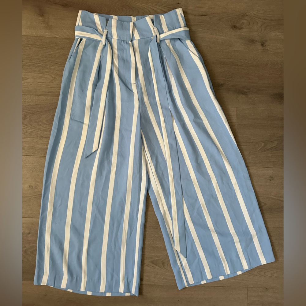 NWOT Splash Baby Blue and White Pinstripe Crepe Pant with Belt - Size 8
